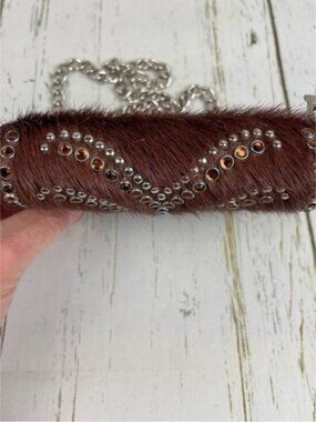 Bono Rocks Brown‎ Cowhide Rhinestone Embellished Fur Crossbody/Belt Bag